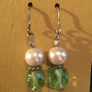 Pale Pink Pearl/Green Bead Earrings